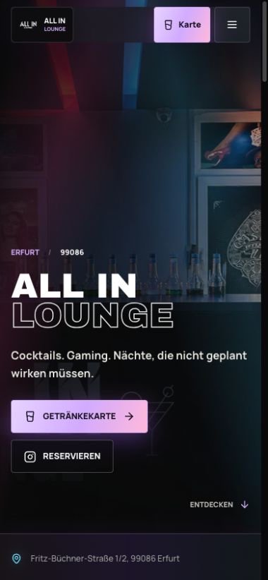 Mobile Ansicht der Website von All In Lounge