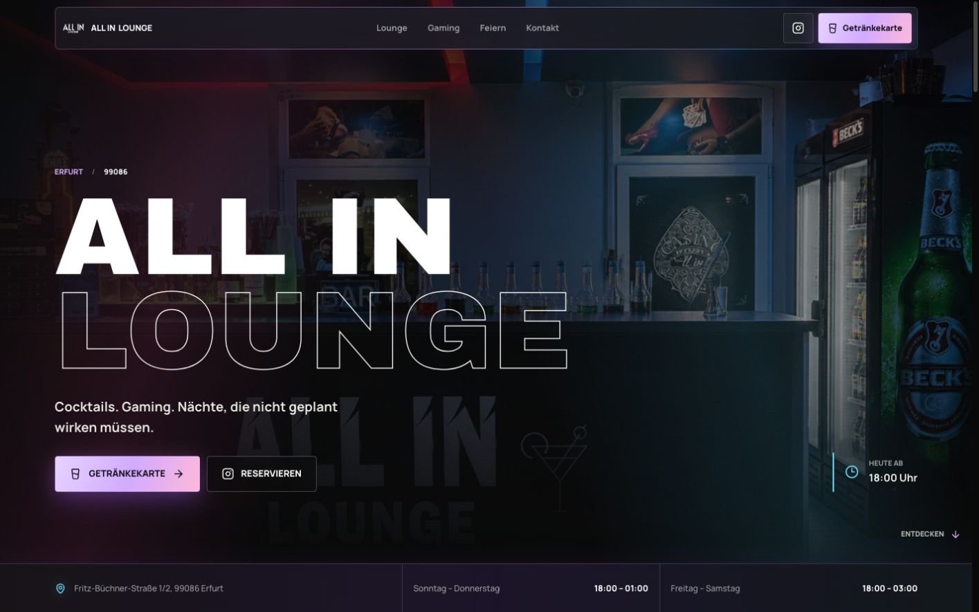 Desktopansicht der Website von All In Lounge